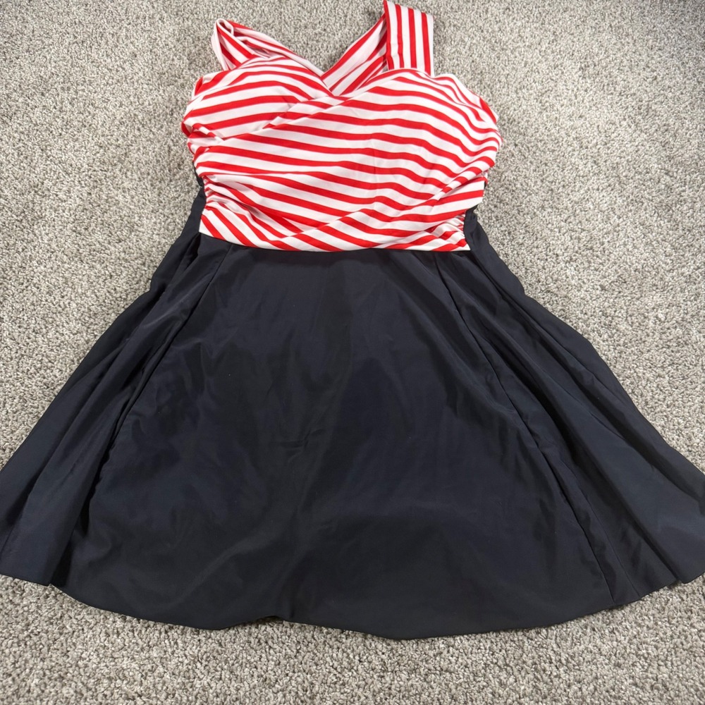 Cocopear Womens XL Nautical Striped Swim Dress Red Black One Piece Swimsuit